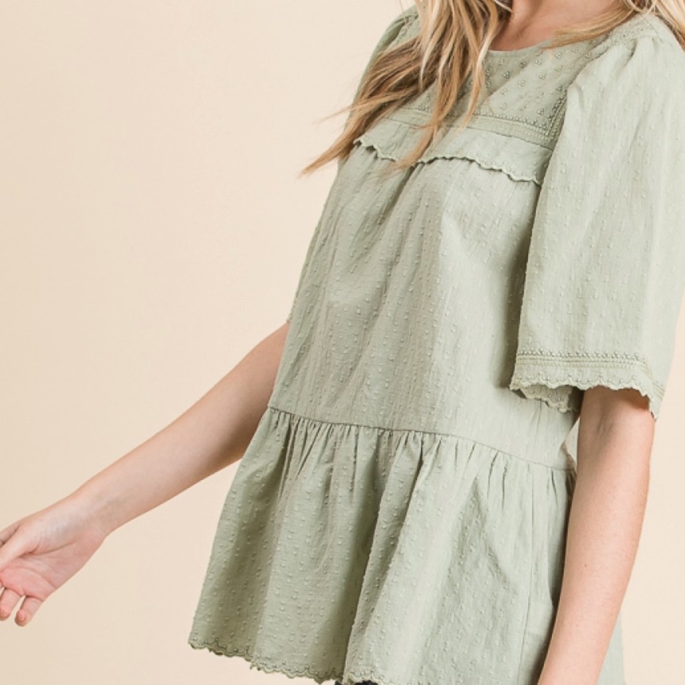 Sage Green Swiss Dotted Texture Cotton Scalloped Top Lurex Woven Detail S M L XL - Picture 7 of 14